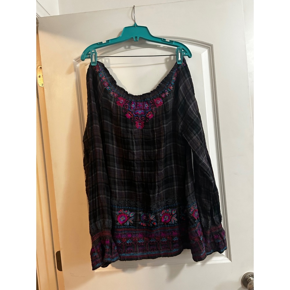 3J Workshop Johnny Was Plaid Embroidered Boho Peasant Blouse Tassels Gray M - Picture 4 of 10